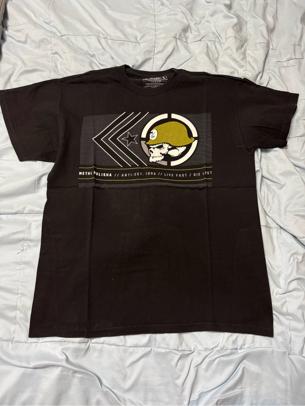 Metal Mulisha Black Tee with Olive Skull Helmet Graphic